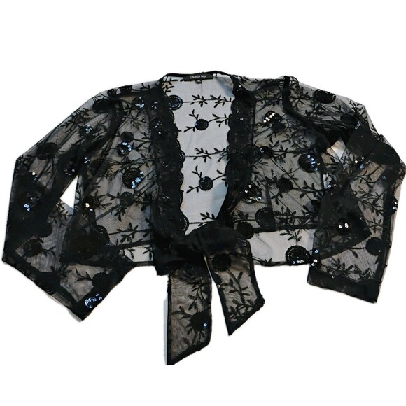Lauren Max Women's XL Black Sheer Sequin Embroidered Cardigan Shrug Tie Front - Picture 1 of 6